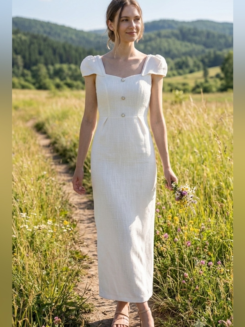 Elegant White Sleeveless Sheath Dress with Ruffled Straps